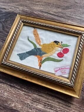 Vintage Handmade Bird Embroidery, Framed Goldfinch Needlework, Cottagecore Bird
